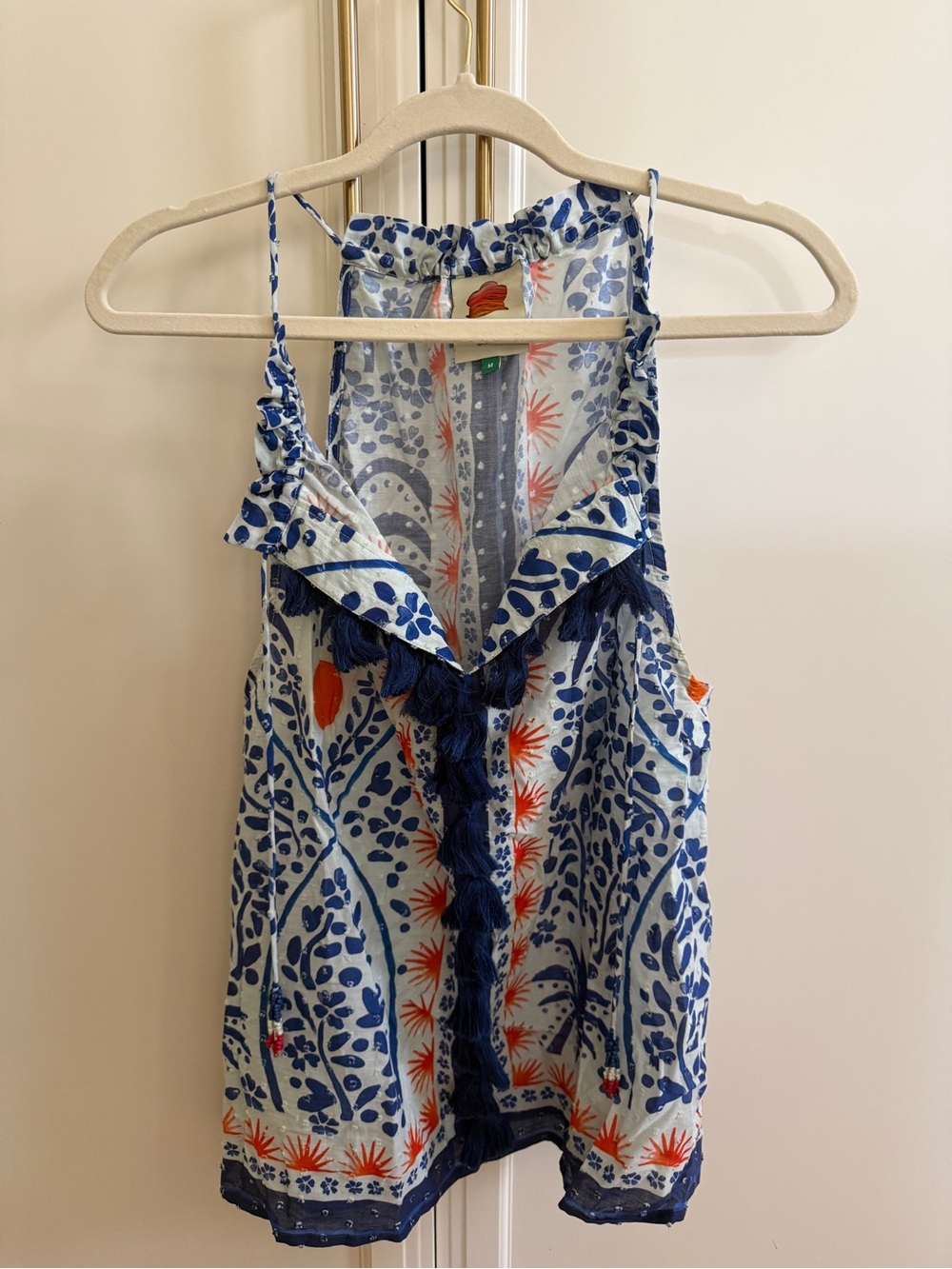 FARM Rio Sleeveless Blue & White Floral Tassel Tank Top
